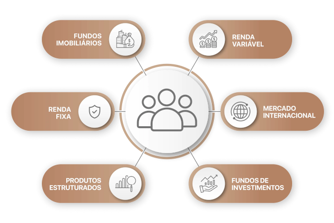 infográfico: renda variável, mercado internacional, fundo de investimentos, produtos estruturados, fundos imobiliarios, renda fixa.